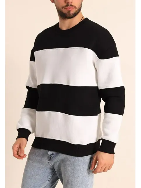 Erkek 3 İplik Pamuklu Parçalı Bisiklet Yaka Sweatshirt - Siyah