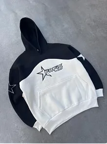Kadın 3 İplik Pamuklu Parçalı Nakış İşlemelı Kapüşonlu Sweatshirt Hoodie - Siyah