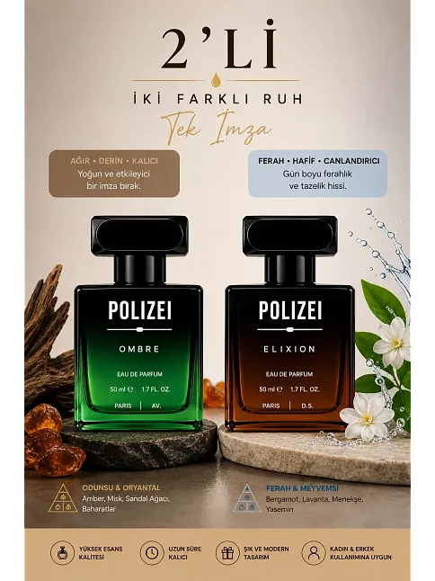 Polizei 2'li Erkek Parfüm Edp 50 Ml Kalıcı Odunsu Ve Fresh Koku