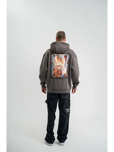Erkek 3 İplik Kapüşonlu Hoodie Dijital Patchli Sweatshirt - Füme