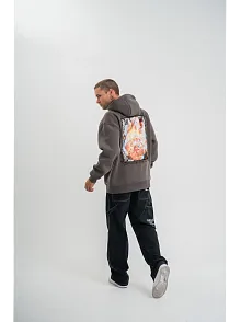 Erkek 3 İplik Kapüşonlu Hoodie Dijital Patchli Sweatshirt - Füme