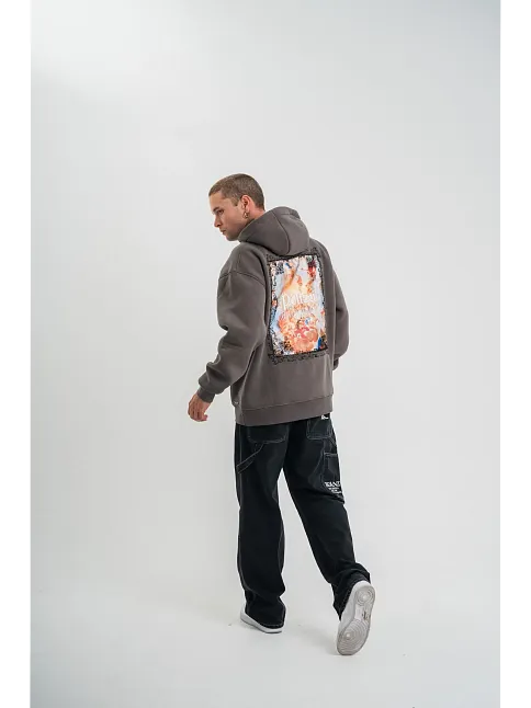Erkek 3 İplik Kapüşonlu Hoodie Dijital Patchli Sweatshirt - Füme