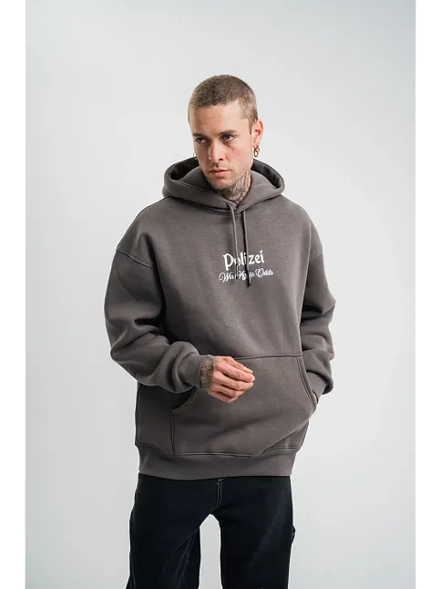 Erkek 3 İplik Kapüşonlu Hoodie Dijital Patchli Sweatshirt - Füme