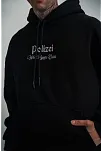 Erkek 3 İplik Pamuklu Kapüşonlu Baskılı Cepli Oversize Sweatshirt Hoodie - Siyah