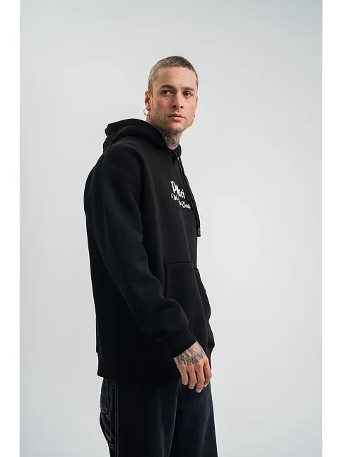 Erkek 3 İplik Pamuklu Kapüşonlu Baskılı Cepli Oversize Sweatshirt Hoodie - Siyah