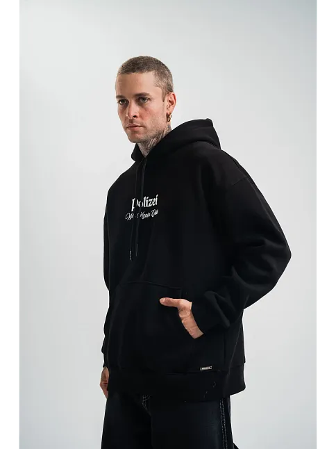 Erkek 3 İplik Pamuklu Kapüşonlu Baskılı Cepli Oversize Sweatshirt Hoodie - Siyah