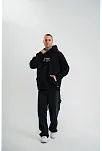Erkek 3 İplik Pamuklu Kapüşonlu Baskılı Cepli Oversize Sweatshirt Hoodie - Siyah