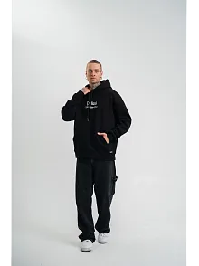 Erkek 3 İplik Pamuklu Kapüşonlu Baskılı Cepli Oversize Sweatshirt Hoodie - Siyah