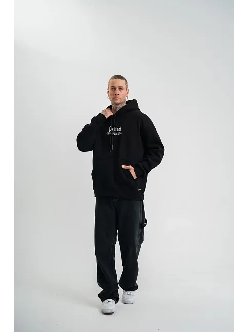 Erkek 3 İplik Pamuklu Kapüşonlu Baskılı Cepli Oversize Sweatshirt Hoodie - Siyah
