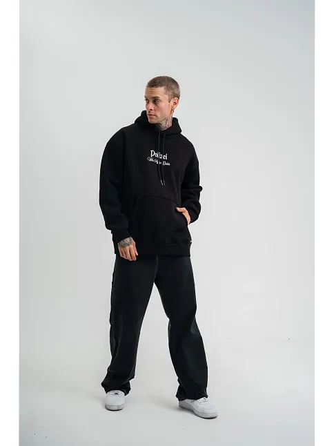 Erkek 3 İplik Pamuklu Kapüşonlu Baskılı Cepli Oversize Sweatshirt Hoodie - Siyah
