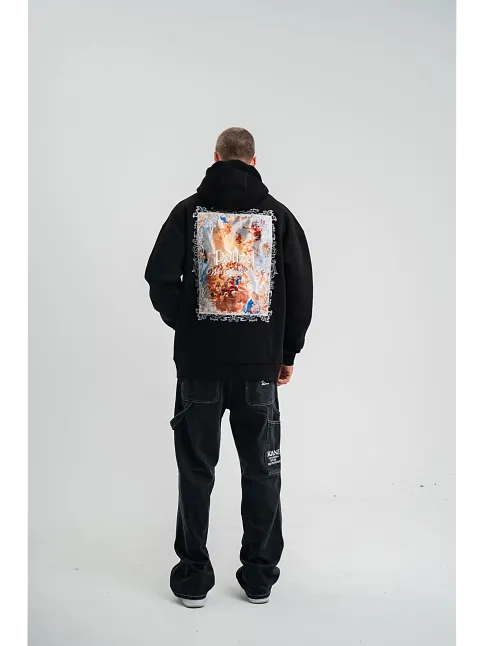 Erkek 3 İplik Pamuklu Kapüşonlu Baskılı Cepli Oversize Sweatshirt Hoodie - Siyah