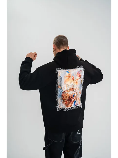 Erkek 3 İplik Pamuklu Kapüşonlu Baskılı Cepli Oversize Sweatshirt Hoodie - Siyah
