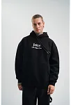 Erkek 3 İplik Pamuklu Kapüşonlu Baskılı Cepli Oversize Sweatshirt Hoodie - Siyah