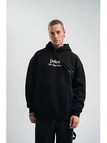 Erkek 3 İplik Pamuklu Kapüşonlu Baskılı Cepli Oversize Sweatshirt Hoodie - Siyah
