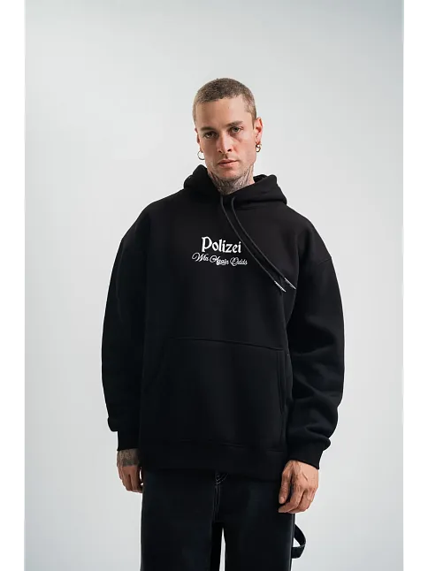 Erkek 3 İplik Pamuklu Kapüşonlu Baskılı Cepli Oversize Sweatshirt Hoodie - Siyah