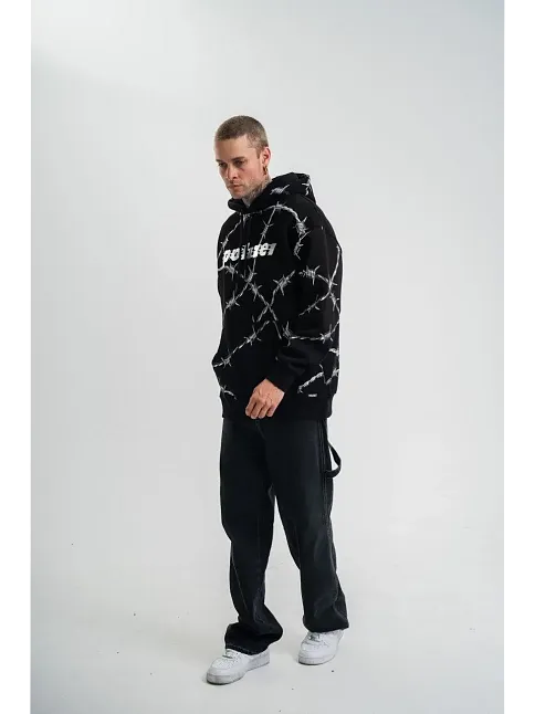 Erkek Kapüşonlu Varak Ve Pano Baskılı Hoodie  Sweatshirt- Siyah