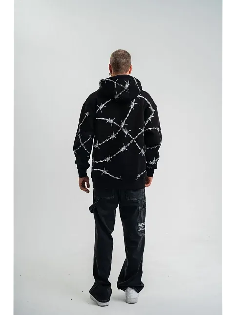 Erkek Kapüşonlu Varak Ve Pano Baskılı Hoodie  Sweatshirt- Siyah
