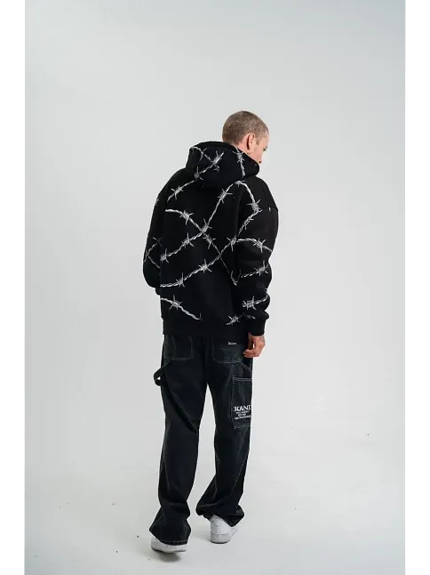 Erkek Kapüşonlu Varak Ve Pano Baskılı Hoodie  Sweatshirt- Siyah