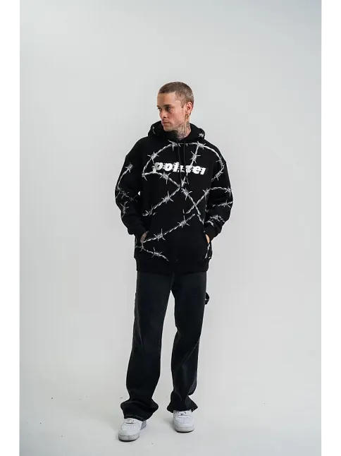 Erkek Kapüşonlu Varak Ve Pano Baskılı Hoodie  Sweatshirt- Siyah