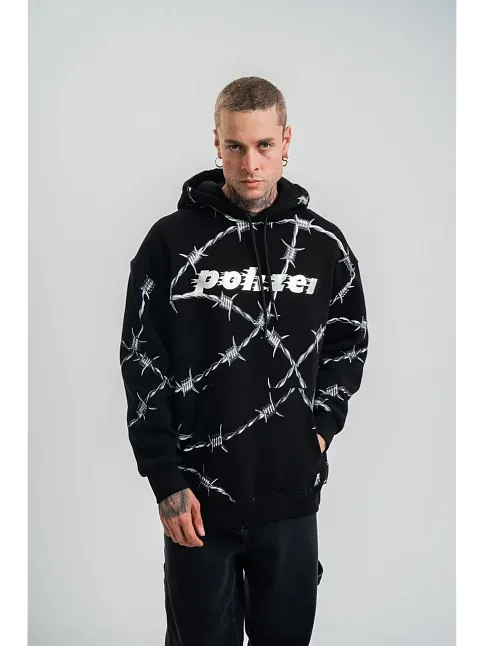 Erkek Kapüşonlu Varak Ve Pano Baskılı Hoodie  Sweatshirt- Siyah