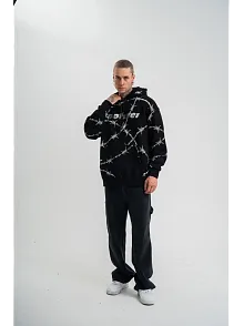 Erkek Kapüşonlu Varak Ve Pano Baskılı Hoodie  Sweatshirt- Siyah