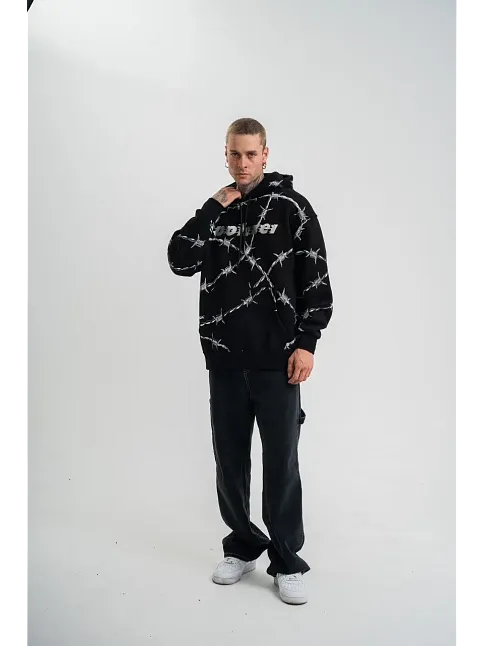 Erkek Kapüşonlu Varak Ve Pano Baskılı Hoodie  Sweatshirt- Siyah