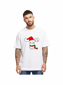 Yılbaşı Noel Ren Geyiği Baskılı Kısa Kollu Oversize Bisiklet Yaka T-shirt - Beyaz