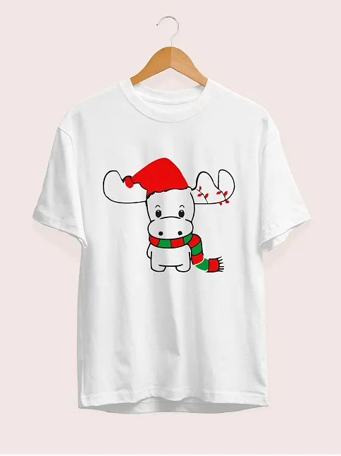 Yılbaşı Noel Ren Geyiği Baskılı Kısa Kollu Oversize Bisiklet Yaka T-shirt - Beyaz Yılbaşı Noel Ren Geyiği Baskılı Kısa Kollu Oversize Bisiklet Yaka T-shirt - Beyaz