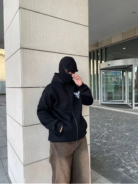 Erkek 3 İplik Samuray Kapüşonlu Zıp Fermuarlı Sweatshirt Hoodie - Siyah