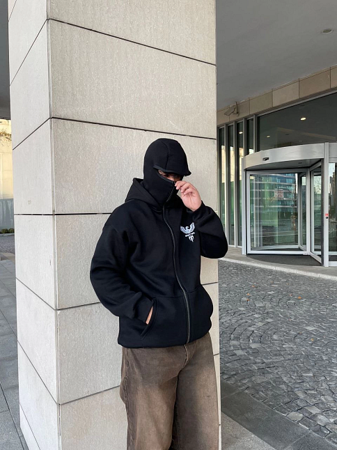 Erkek 3 İplik Samuray Kapüşonlu Zıp Fermuarlı Sweatshirt Hoodie - Siyah