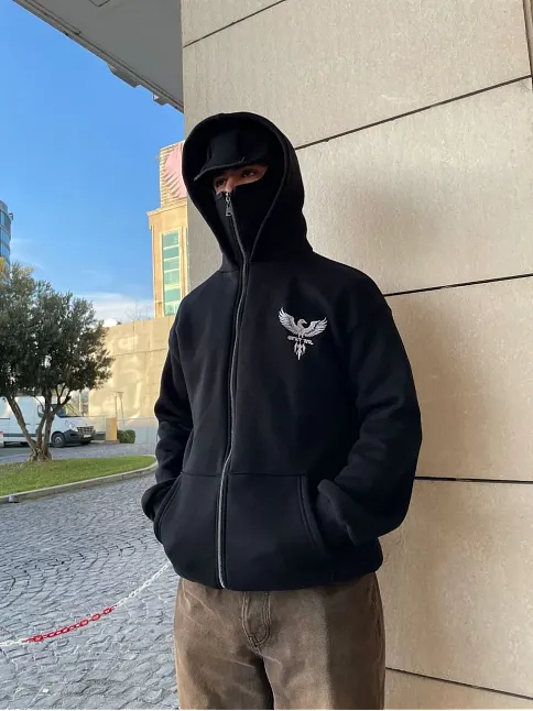 Erkek 3 İplik Samuray Kapüşonlu Zıp Fermuarlı Sweatshirt Hoodie - Siyah