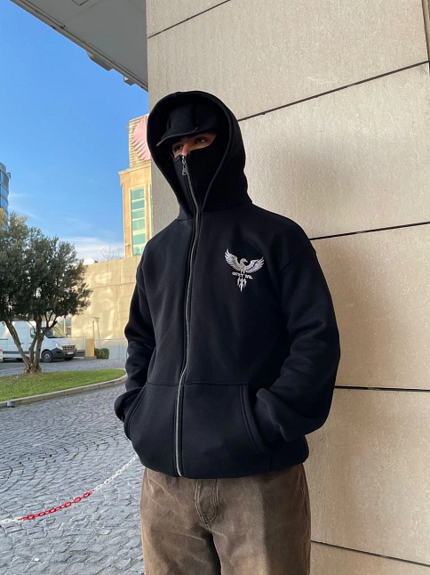 Erkek 3 İplik Samuray Kapüşonlu Zıp Fermuarlı Sweatshirt Hoodie - Siyah