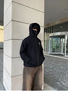 Erkek 3 İplik Samuray Kapüşonlu Zıp Fermuarlı Sweatshirt Hoodie - Siyah