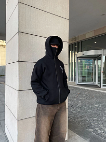 Erkek 3 İplik Samuray Kapüşonlu Zıp Fermuarlı Sweatshirt Hoodie - Siyah