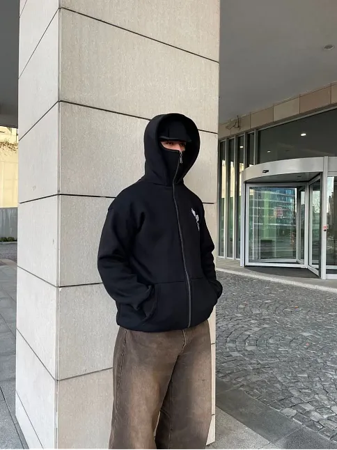 Erkek 3 İplik Samuray Kapüşonlu Zıp Fermuarlı Sweatshirt Hoodie - Siyah