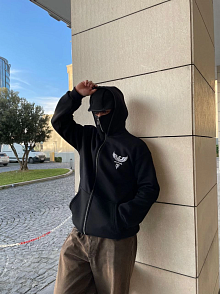 Erkek 3 İplik Samuray Kapüşonlu Zıp Fermuarlı Sweatshirt Hoodie - Siyah