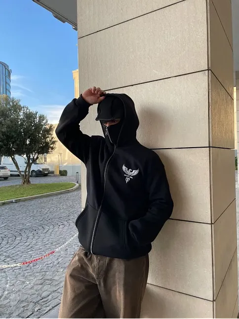 Erkek 3 İplik Samuray Kapüşonlu Zıp Fermuarlı Sweatshirt Hoodie - Siyah