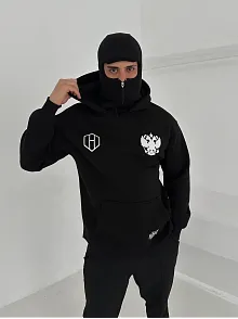 Samuray Ninja Çift Kapşonlu Zıp Fermuarlı Kanguru Çepli Tam Fermuarlı Ön Arka - Siyah