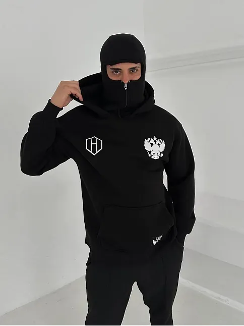 Samuray Ninja Çift Kapşonlu Zıp Fermuarlı Kanguru Çepli Tam Fermuarlı Ön Arka - Siyah