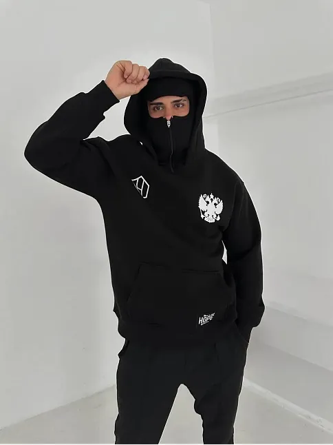 Samuray Ninja Çift Kapşonlu Zıp Fermuarlı Kanguru Çepli Tam Fermuarlı Ön Arka - Siyah