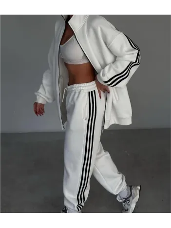 Şeritli Üç İplik Eşofman Takım - Beyaz