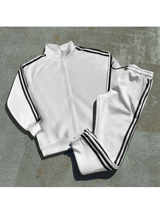 Şeritli Üç İplik Eşofman Takım - Beyaz Şeritli Üç İplik Eşofman Takım - Beyaz