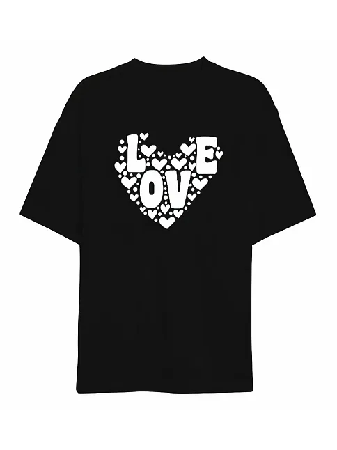 14 Şubat Sevgililer Günü Love Kalp Baskılı Oversize Bisiklet Yaka T-shirt - Siyah 14 Şubat Sevgililer Günü Love Kalp Baskılı Oversize Bisiklet Yaka T-shirt - Siyah