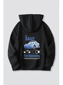 Sevgililer Günü Araba Temalı Baskılı Oversize Kapüşonlu Sweatshirt Hoodie - Siyah