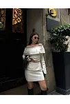 Kadın Straplez , Madonna , Carmen Yaka Croplu Mini Etekli İkili Alt-üst Takım Triko - Beyaz