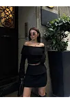 Kadın Straplez , Madonna , Carmen Yaka Croplu Mini Etekli İkili Alt-üst Takım Triko - Siyah