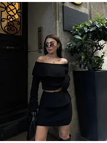 Kadın Straplez , Madonna , Carmen Yaka Croplu Mini Etekli İkili Alt-üst Takım Triko - Siyah
