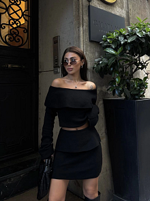 Kadın Straplez , Madonna , Carmen Yaka Croplu Mini Etekli İkili Alt-üst Takım Triko - Siyah