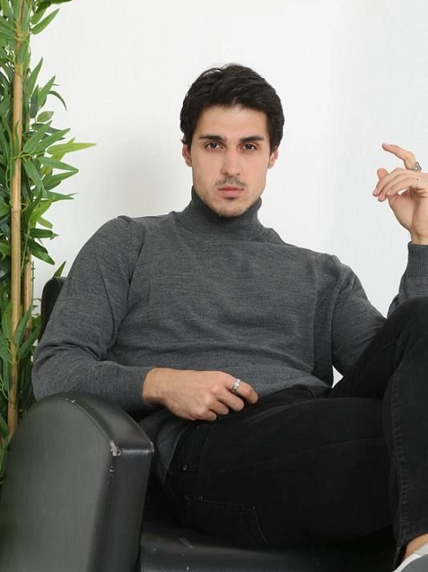 Erkek Tam Boğazlı Balıkçı Yaka Kazak Uzun Kol Düz Dokuma Triko - Füme