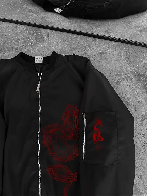 Erkek Siyah Bomber Mont Kırmızı Ejderha Desenli Fermuarlı Cepli Kapitone Astarlı - Siyah